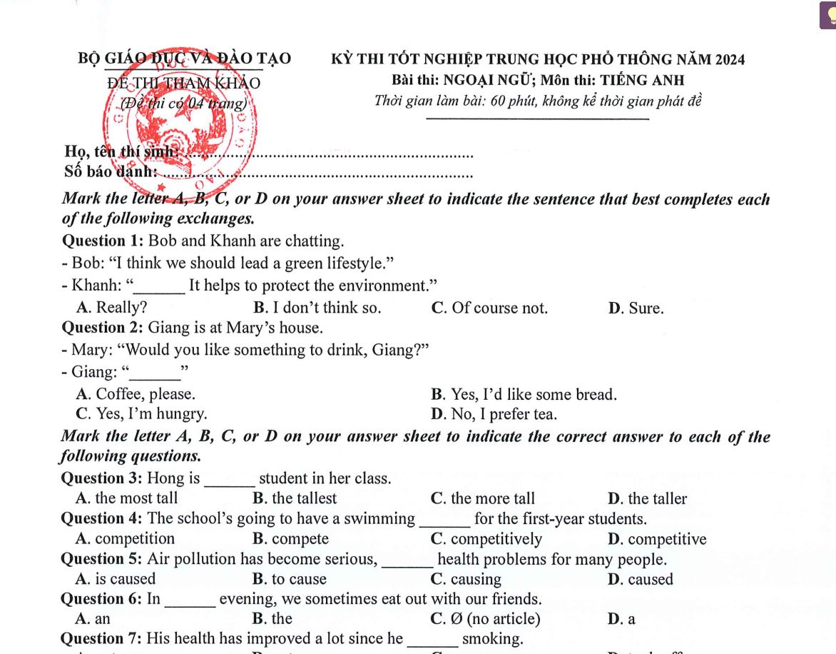 Đề tham khảo thi tốt nghiệp THPT năm 2024 Tiếng Anh