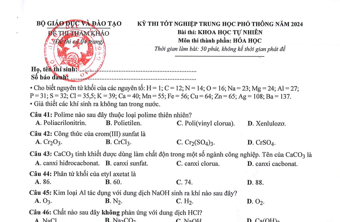 Đề tham khảo thi tốt nghiệp THPT năm 2024 Hóa Học