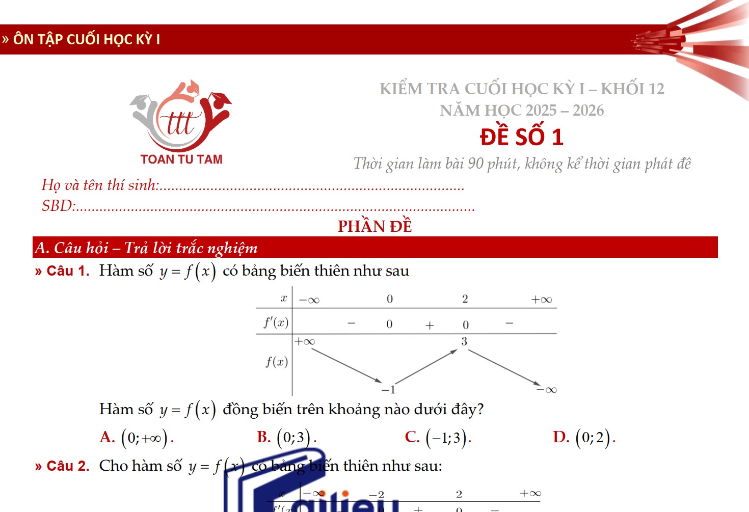 Đề kiểm tra học kì 1 Toán 12 Kết nối tri thức theo form 2026 Tự Tâm - Đề 1